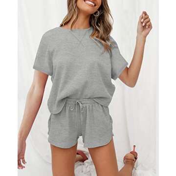 ZESICA Women's Waffle Knit Pajama Set Short Sleeve Top and Shorts Loungewear Athletic Tracksuits with Pockets Grey