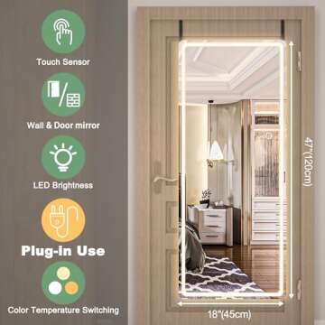 Hasipu LED Door Mirror Full Length, 47 x 18 Over The Door Mirror,Hanging Mirror with Lights, Full Length Mirror for Bedroom, Living Room, Cloakroom