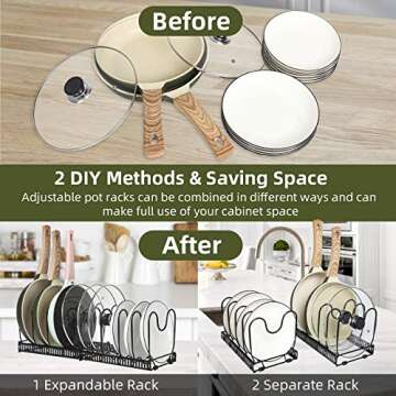 ROOHUA Pot Rack -Expandable Pan Organizer for Cabinet, Lid Holder with 10 Adjustable Compartment for...
