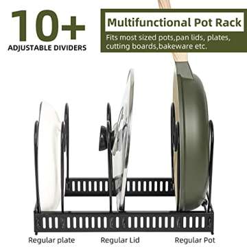ROOHUA Pot Rack -Expandable Pan Organizer for Cabinet, Lid Holder with 10 Adjustable Compartment for Kitchen Cabinet Cookware Baking Frying Rack