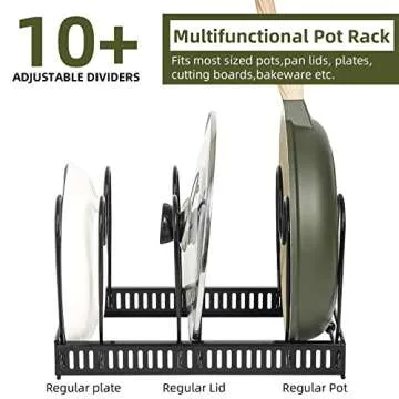 ROOHUA Pot Rack -Expandable Pan Organizer for Cabinet, Lid Holder with 10 Adjustable Compartment for Kitchen Cabinet Cookware Baking Frying Rack