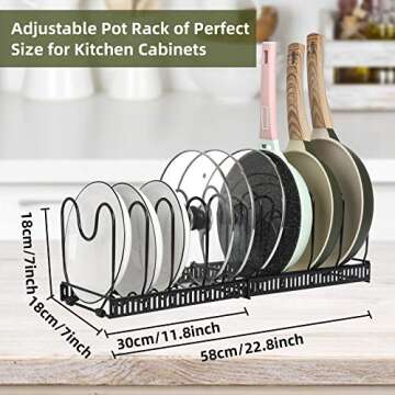 ROOHUA Pot Rack -Expandable Pan Organizer for Cabinet, Lid Holder with 10 Adjustable Compartment for Kitchen Cabinet Cookware Baking Frying Rack