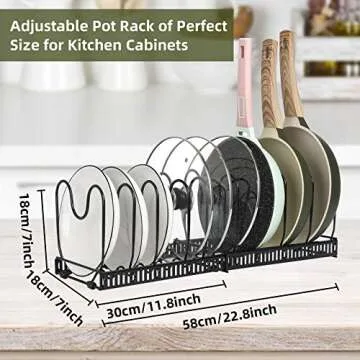 ROOHUA Pot Rack -Expandable Pan Organizer for Cabinet, Lid Holder with 10 Adjustable Compartment for Kitchen Cabinet Cookware Baking Frying Rack