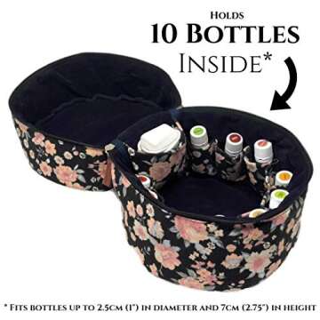 10-bottle Essential Oil Diffuser Carrying Case Tote for doTERRA, Young Living Bottles for Aromatherapy Travel or Storage with Power Adapter Compartment (Black Floral - XL)