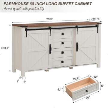 T4TREAM Farmhouse Sideboard Buffet Cabinet with Storage, 60" Large Kitchen Cabinet w/Sliding Barn Do...