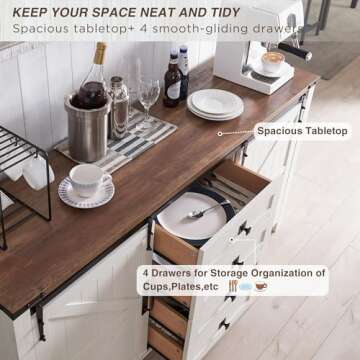 T4TREAM Farmhouse Sideboard Buffet Cabinet with Storage, 60" Large Kitchen Cabinet w/Sliding Barn Doors and 4 Drawers, 31.2'' Tall Wood Coffee Bar Table for Dining Room, Antique White