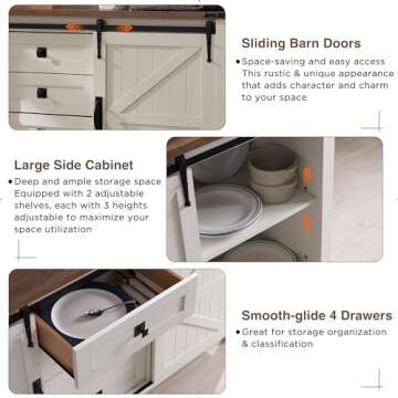 T4TREAM Farmhouse Sideboard Buffet Cabinet with Storage, 60" Large Kitchen Cabinet w/Sliding Barn Doors and 4 Drawers, 31.2'' Tall Wood Coffee Bar Table for Dining Room, Antique White
