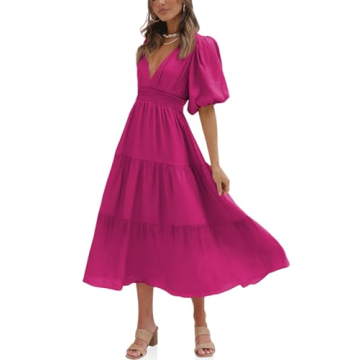 Tankaneo Women's Deep V Neck Puff Half Sleeve Midi Dress Summer Tiered A Line Boho Long Maxi Dress Pink