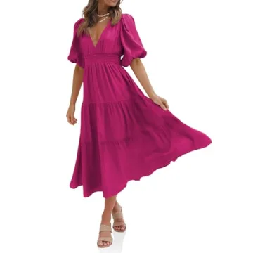 Tankaneo Women's Deep V Neck Puff Half Sleeve Midi Dress Summer Tiered A Line Boho Long Maxi Dress Pink