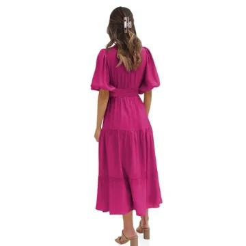 Tankaneo Women's Deep V Neck Puff Half Sleeve Midi Dress Summer Tiered A Line Boho Long Maxi Dress Pink
