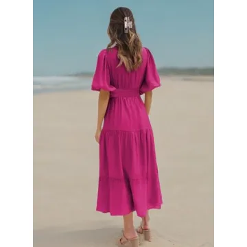 Tankaneo Women's Deep V Neck Puff Half Sleeve Midi Dress Summer Tiered A Line Boho Long Maxi Dress Pink