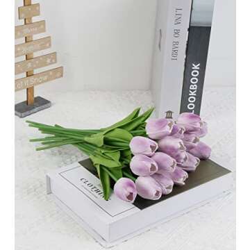 IPOPU Real Touch Purple Tulips 24PCS Artificial Flowers for Decoraion Fake Tulips Light Purple Flowe...