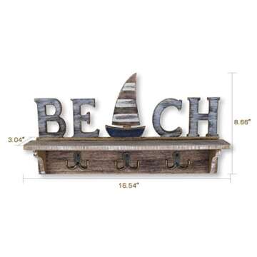 SAILINGSTORY Beach Wall Decor, Beach Sign Key Holder for Wall Mounted Coat Rack with Shelf, Beach De...