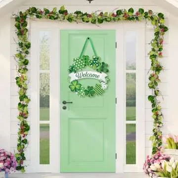 Wooden St. Patrick's Day Decoration Shamrock Door Wreath for Front Door Sign Wall Signs Shamrock Clover Spring Decoration, Irish Sign Welcome Hanging for Home Decor Party Outdoor Indoor Supply