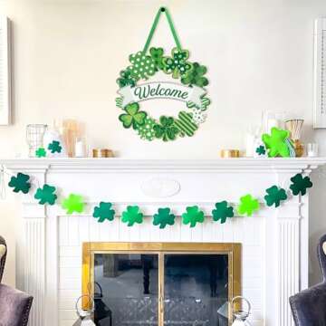 Wooden St. Patrick's Day Decoration Shamrock Door Wreath for Front Door Sign Wall Signs Shamrock Clover Spring Decoration, Irish Sign Welcome Hanging for Home Decor Party Outdoor Indoor Supply