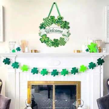 Wooden St. Patrick's Day Decoration Shamrock Door Wreath for Front Door Sign Wall Signs Shamrock Clover Spring Decoration, Irish Sign Welcome Hanging for Home Decor Party Outdoor Indoor Supply