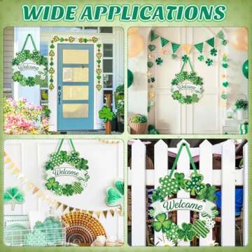 Wooden St. Patrick's Day Decoration Shamrock Door Wreath for Front Door Sign Wall Signs Shamrock Clover Spring Decoration, Irish Sign Welcome Hanging for Home Decor Party Outdoor Indoor Supply