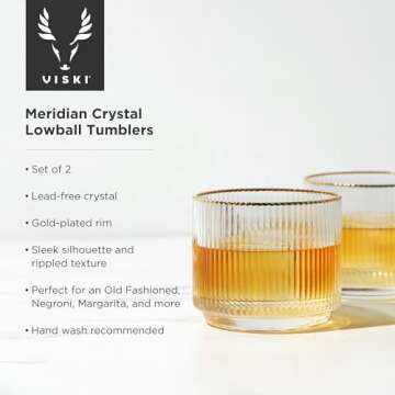 Viski Meridian Crystal Lowball Tumblers, Art Deco Whiskey Glasses, Crystal Scotch Glasses, Crystal O...