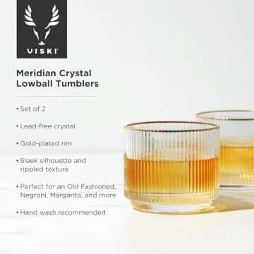 Viski Meridian Crystal Lowball Tumblers, Art Deco Whiskey Glasses, Crystal Scotch Glasses, Crystal O...