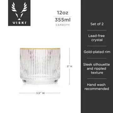Viski Meridian Crystal Lowball Tumblers, Art Deco Whiskey Glasses, Crystal Scotch Glasses, Crystal Old Fashioned Glasses, Ribbed Glassware 12oz Set of 2
