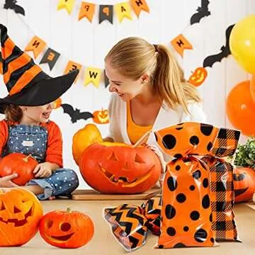 120 Pieces Halloween Cellophane Candy Bags Buffalo Polka Dot Stripes Prints Plastic Goodie Treat Favor Bags with 200 Twist Ties for Winter Holiday Birthday Baby Shower Party Supplies