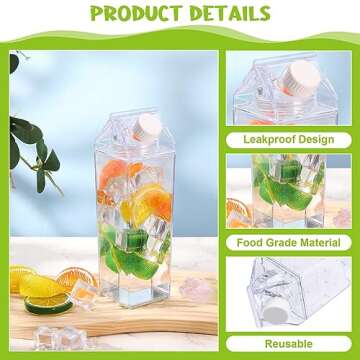 BUBABOX 2 Pack Clear Milk Carton Water Bottle, 500ml / 17 oz Plastic Milk Carton Bottles Square Milk Carton Container Portable Transparent Juice Bottle for Outdoor Sports Travel Camping Activities
