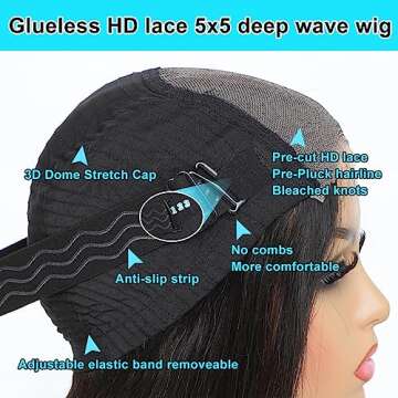 Wear And Go Glueless Pre Plucked Pre Cut Deep Wave Lace Front Wig - 5x5 HD Lace Closure, Deep Curly 180% Density Human Hair For Beginners, 26 Inch