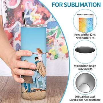 D·S 8 Pack Sublimation Tumblers 20 oz Skinny Stainless Steel Insulated Straight Sublimation Tumbler Blank with Straw, Lid, Brush Individual Gift Box and Shrink Wrap