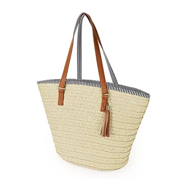Women's Large Straw Beach Tote with Tassel Summer Essential