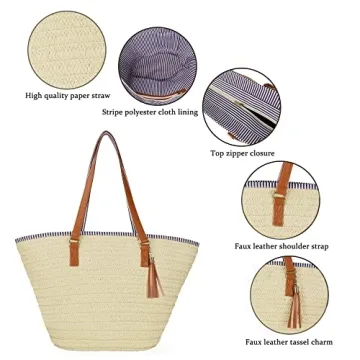 Women's Large Straw Beach Tote with Tassel Summer Essential