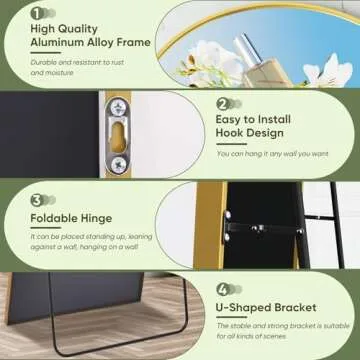 Furnbar Full Length Mirror, 76"x44" Arched Full Body Mirror, Oversized Mirror, Floor Mirror, Leaning Free Standing Mirror, Hanging Mounted Large Mirror for Bedroom Dressing Room, Cloakroom, Gold