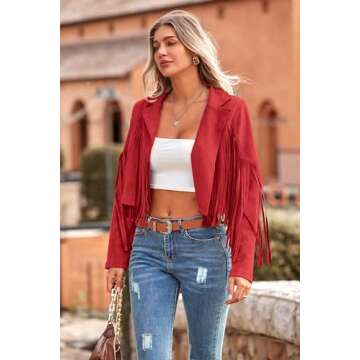 PRETTYGARDEN Womens Faux Suede Jackets 2025 Fall Fashion Open Front Fringe Short Coats Outwear (Red,X-Large)