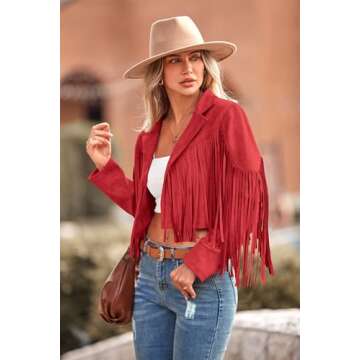 PRETTYGARDEN Womens Faux Suede Jackets 2025 Fall Fashion Open Front Fringe Short Coats Outwear (Red,X-Large)