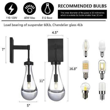 Wall Sconces Set of Two, Black Sconces Dimmable Raindrop Sconces Wall Lighting, Modern Bathroom Sconces Wall Lamps Vanity Lighting Wall Sconces For Living Room, Wall Lights for Bedroom, Hallway