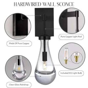 Wall Sconces Set of Two, Black Sconces Dimmable Raindrop Sconces Wall Lighting, Modern Bathroom Sconces Wall Lamps Vanity Lighting Wall Sconces For Living Room, Wall Lights for Bedroom, Hallway