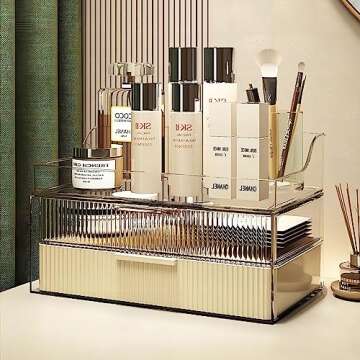 DASITON Cream Dustproof Two layers Storage Box,Makeup Brush Holder,Large Capacity Desktop Storage Bo...