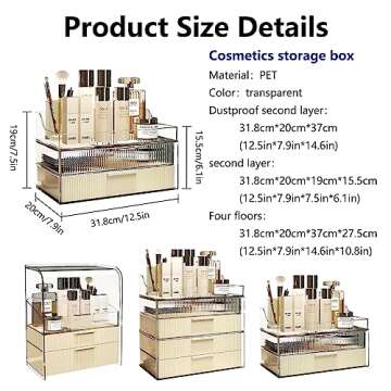 DASITON Cream Dustproof Two layers Storage Box,Makeup Brush Holder,Large Capacity Desktop Storage Box with Drawer,for Beauty Products,Perfume,Jewelry,Nail Polish