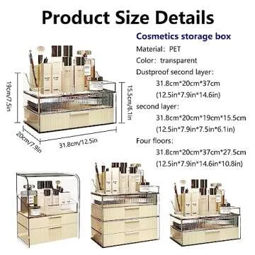 DASITON Cream Dustproof Two layers Storage Box,Makeup Brush Holder,Large Capacity Desktop Storage Box with Drawer,for Beauty Products,Perfume,Jewelry,Nail Polish