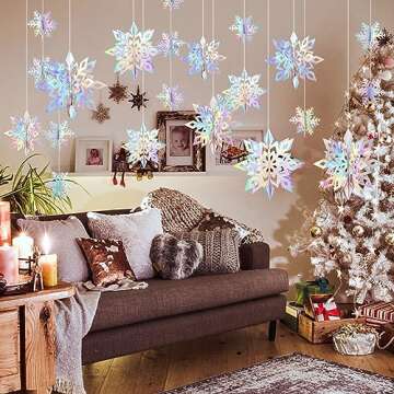 24PCS Snowflake Christmas Decorations, 3D Large Iridescent Paper Snowflakes Garland Hanging Snow Flakes for Winter Wonderland Christmas Party Decorations Holiday New Year Home Decor, Holographic