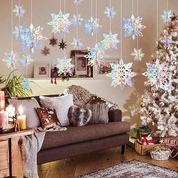 24PCS Snowflake Christmas Decorations, 3D Large Iridescent Paper Snowflakes Garland Hanging Snow Flakes for Winter Wonderland Christmas Party Decorations Holiday New Year Home Decor, Holographic