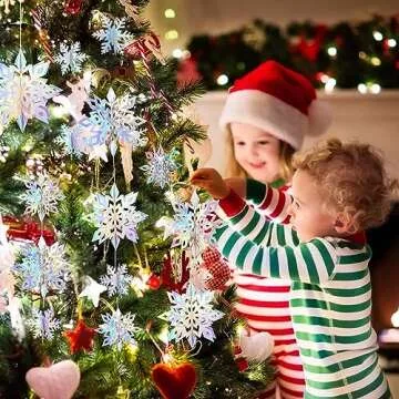 24PCS Snowflake Christmas Decorations, 3D Large Iridescent Paper Snowflakes Garland Hanging Snow Flakes for Winter Wonderland Christmas Party Decorations Holiday New Year Home Decor, Holographic