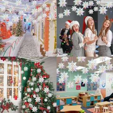 24PCS Snowflake Christmas Decorations, 3D Large Iridescent Paper Snowflakes Garland Hanging Snow Flakes for Winter Wonderland Christmas Party Decorations Holiday New Year Home Decor, Holographic