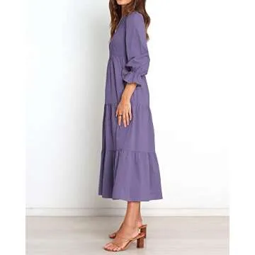 BTFBM Women Casual Long Sleeve Crew Neck Fall Dress Bohemian Relaxed Fit Floral Flowy Maxi Dresses Tiered Cocktail Dress(Solid Purple,XX-Large)
