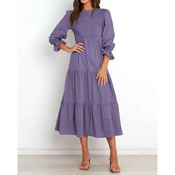 BTFBM Women Casual Long Sleeve Crew Neck Fall Dress Bohemian Relaxed Fit Floral Flowy Maxi Dresses Tiered Cocktail Dress(Solid Purple,XX-Large)