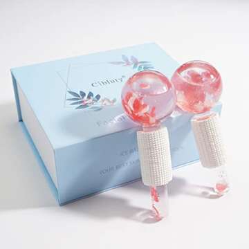 CIBLUTY Ice Globes for under Eyes, 2 PCS Natural Rose Quartz Glass Face Roller Balls Facial Globes with glitters for Redness Soothing, Puffiness Reducing, Headache Relief…