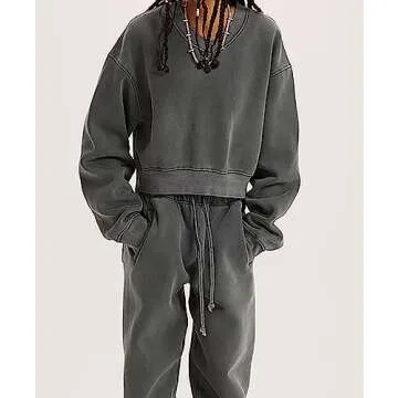 Meladyan Women's Casual Cropped Sweatshirt Basic Solid Long Sleeve Fleece V Neck Loose Drop Shoulder Pullover Crop Top Vintage, Dark Grey -V01, X-Large