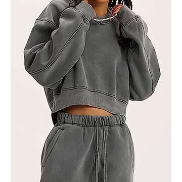 Meladyan Women's Casual Cropped Sweatshirt Basic Solid Long Sleeve Fleece V Neck Loose Drop Shoulder Pullover Crop Top Vintage, Dark Grey -V01, X-Large