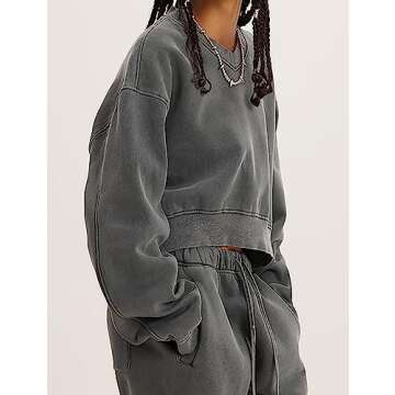 Meladyan Women's Casual Cropped Sweatshirt Basic Solid Long Sleeve Fleece V Neck Loose Drop Shoulder Pullover Crop Top Vintage, Dark Grey -V01, X-Large