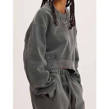 Meladyan Women's Casual Cropped Sweatshirt Basic Solid Long Sleeve Fleece V Neck Loose Drop Shoulder Pullover Crop Top Vintage, Dark Grey -V01, X-Large