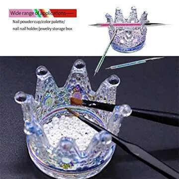 2PCS Nail Art Dappen Dish 2 In 1 Glass Dish for Nail Acrylic Liquid Powder–Nail Crystal Bowl/Glass Nails Cup/Nails Pen Holder, Crown Nails Glass Dish, Colorful Laser